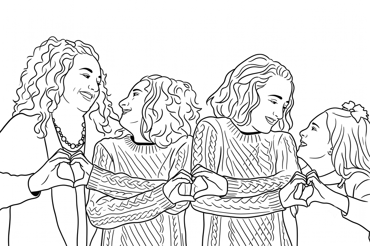 A line drawing of the four daughters making hearts with their hands