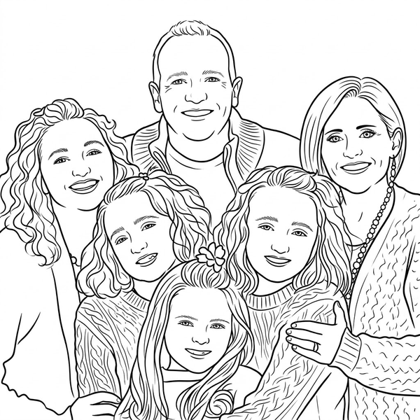 A line drawing of Jenni, Jake and their four daughters